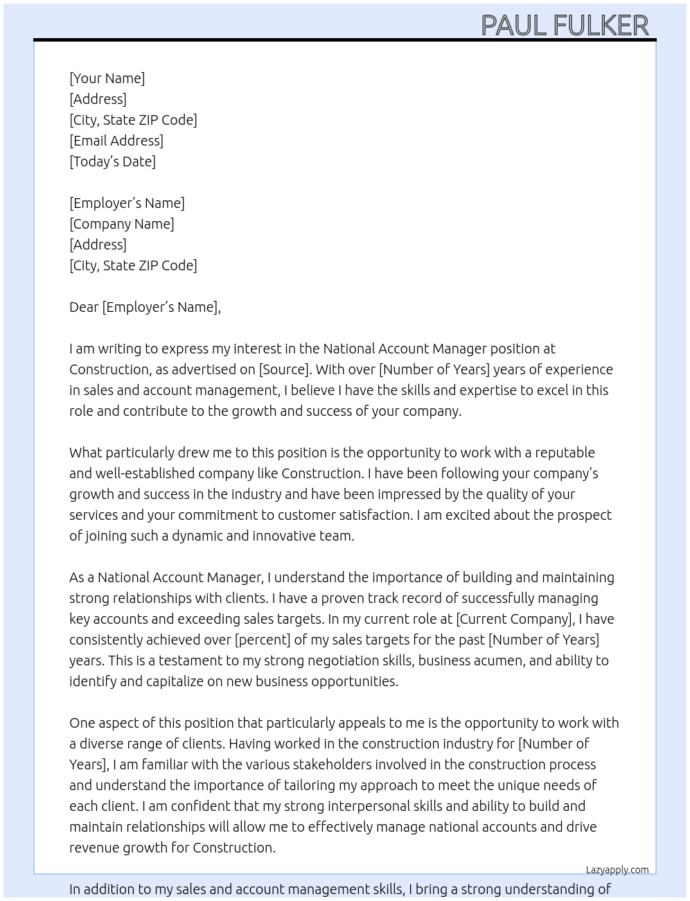 National Account Manager  At Construction  Cover Letter