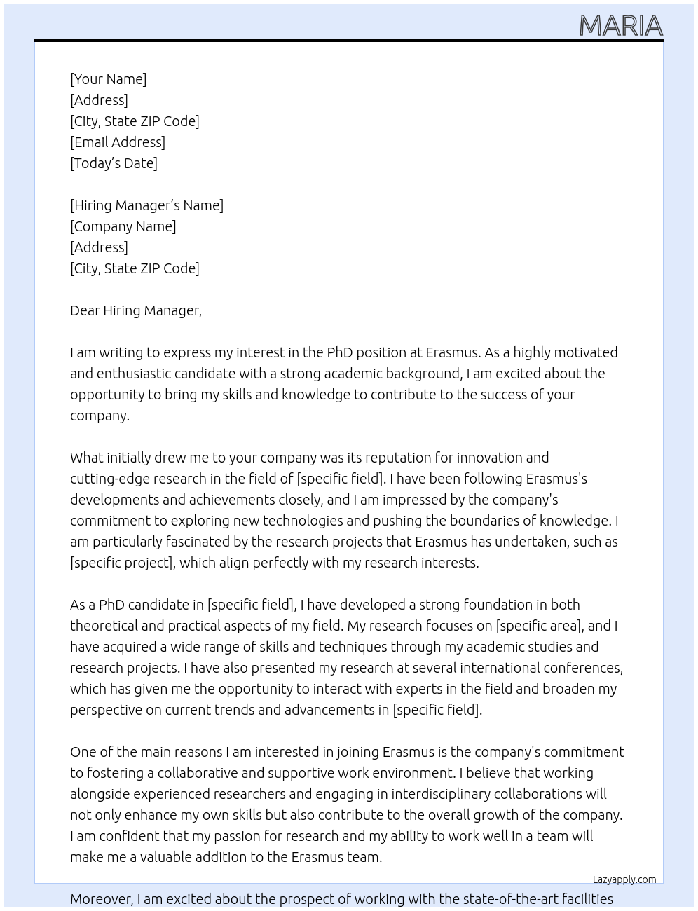PhD At Erasmus Cover Letter