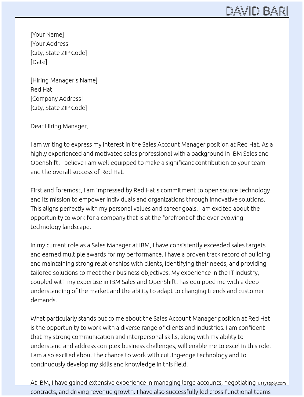 Sales Account Manager At Red Hat Cover Letter
