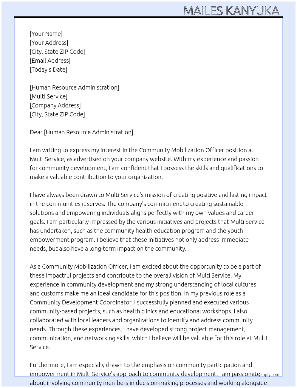 Community mobilization officer At Multi service  Cover Letter