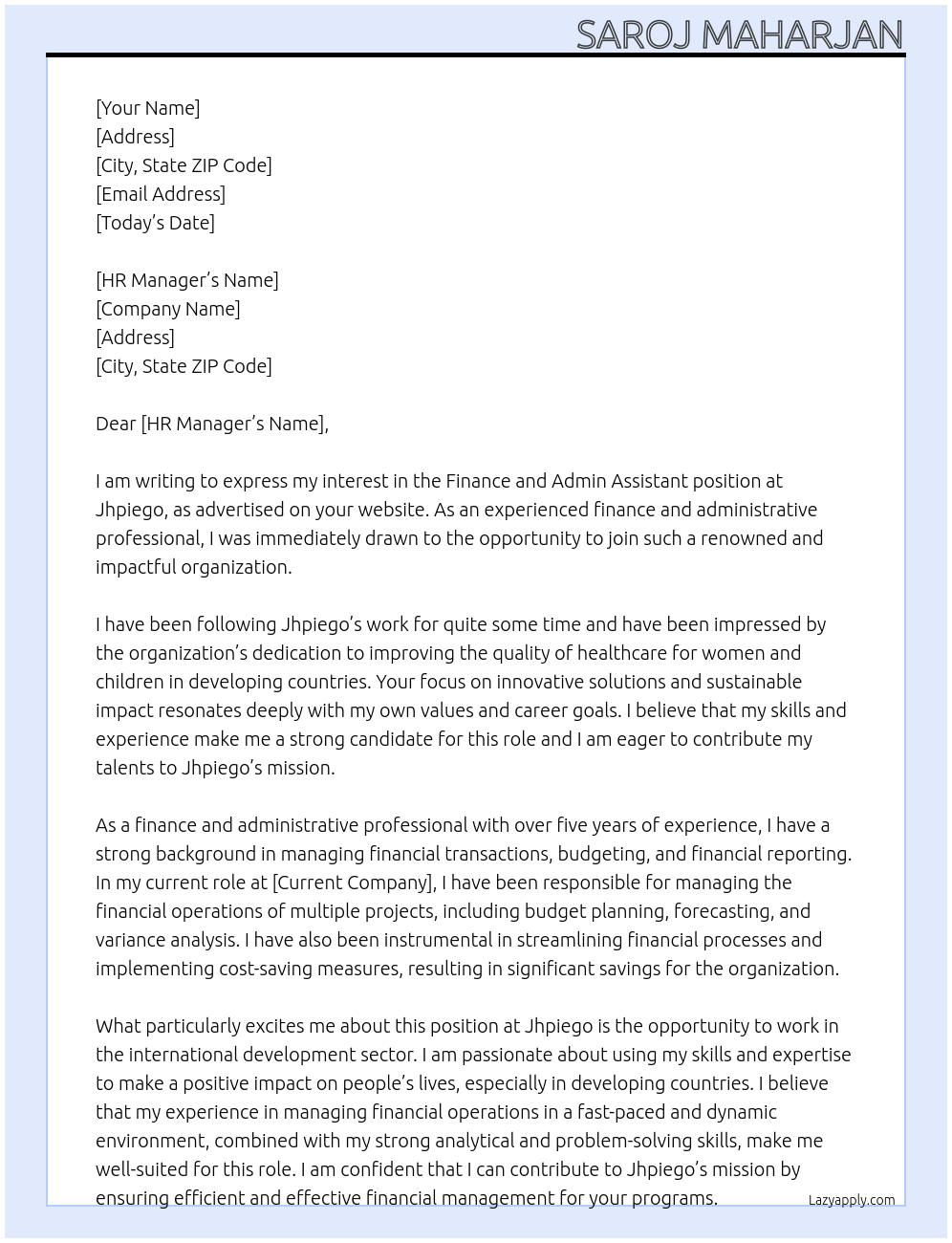 finance and admin assistant At jhpiego Cover Letter