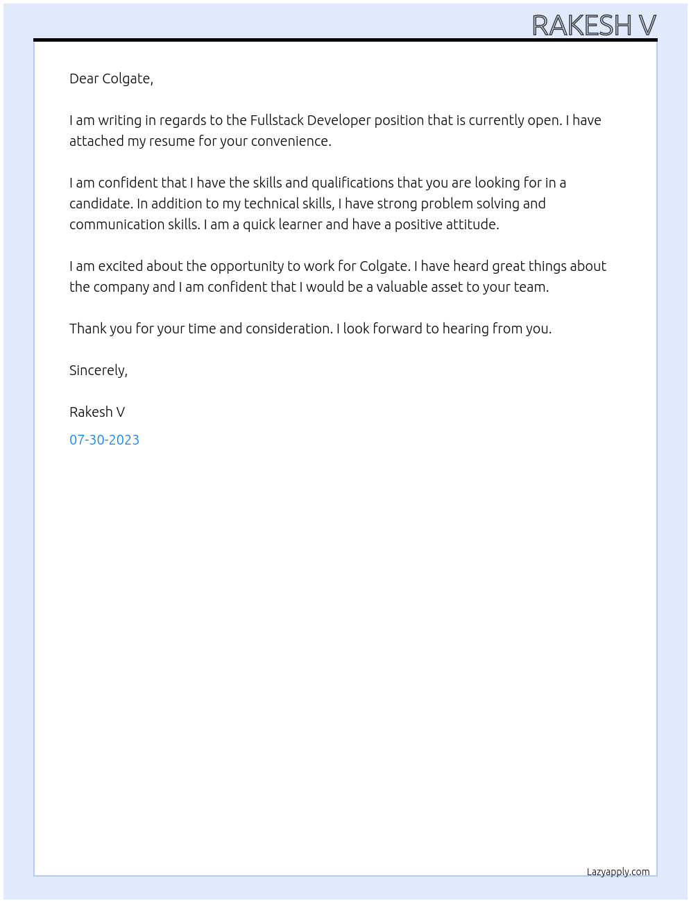 Fullstack Developer At Colgate Cover Letter