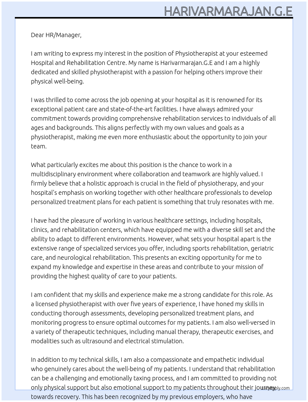 Physiotherapist At Hospital , rehabilitation centre Cover Letter