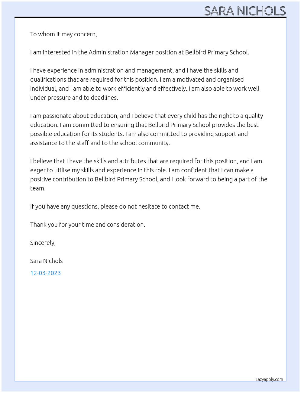 Administration Manager At Bellbird Primary School Cover Letter
