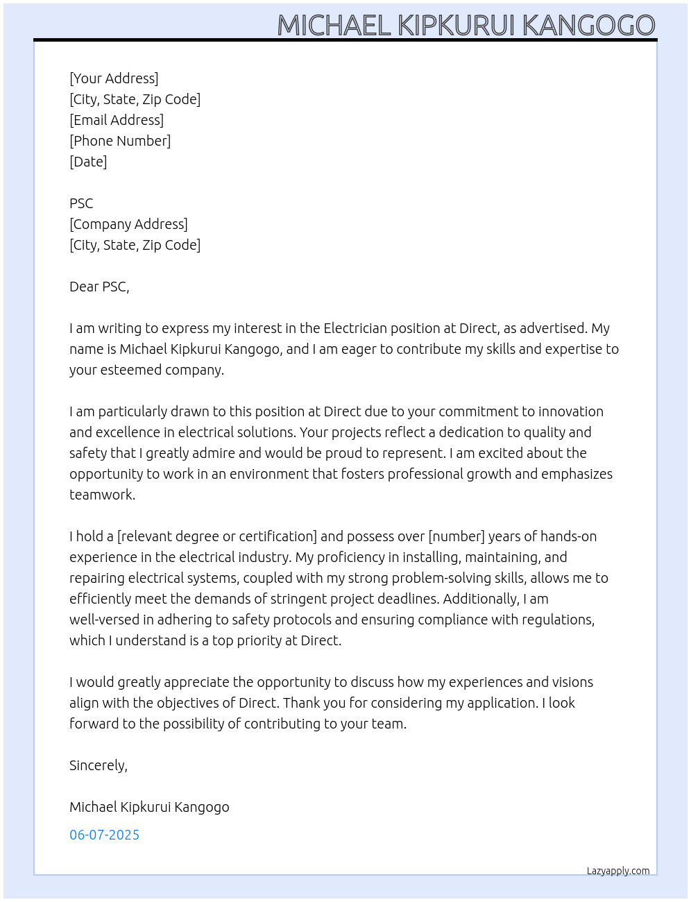 electrician At DIRECT Cover Letter