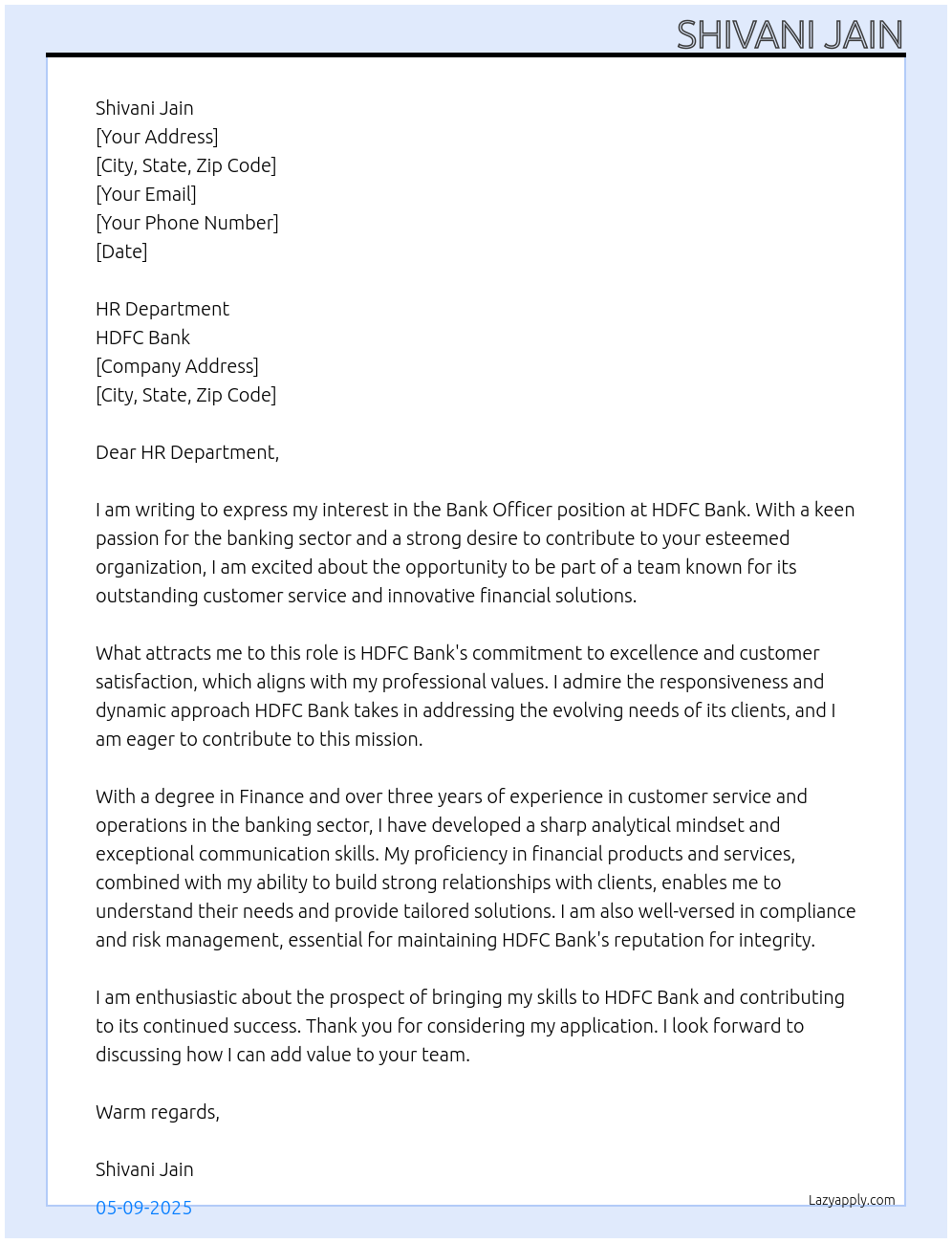 Bank officer At HDFC bank Cover Letter