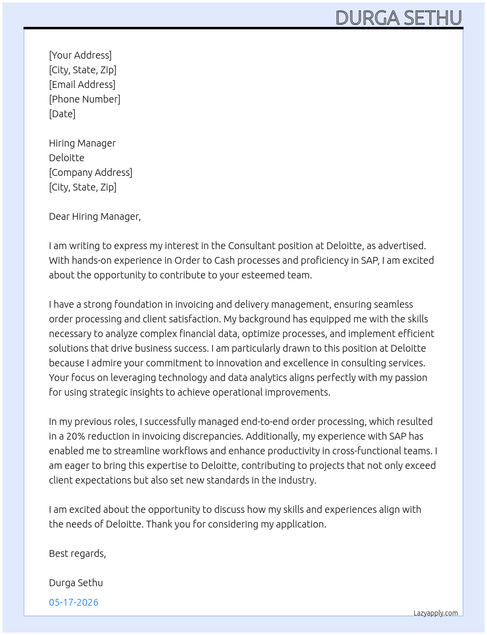 Consultant At Deloitte Cover Letter