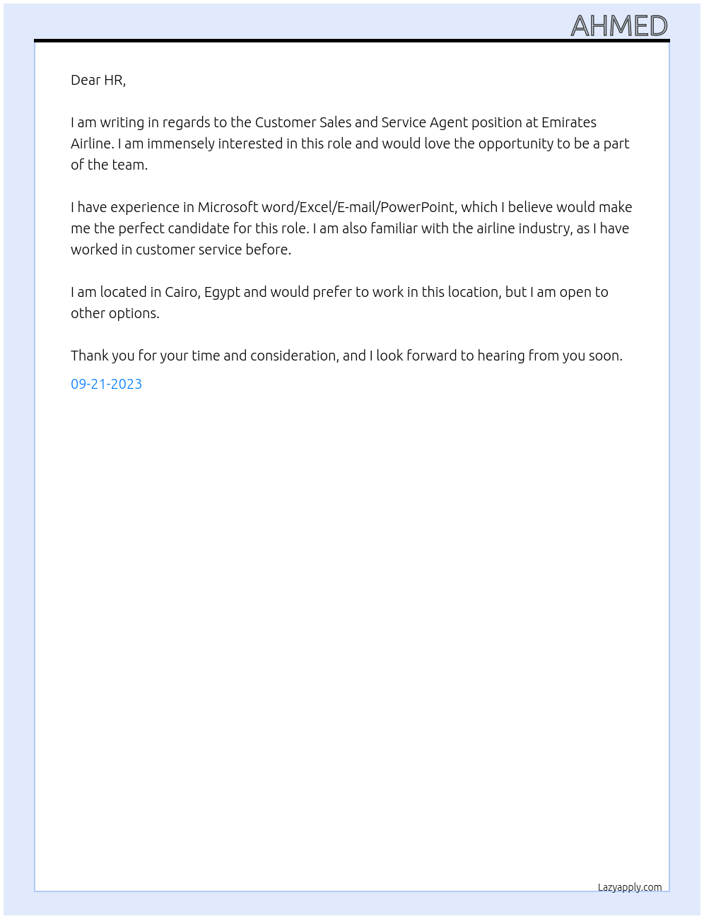 Customer sales and service agent At Emirates Airline Cover Letter