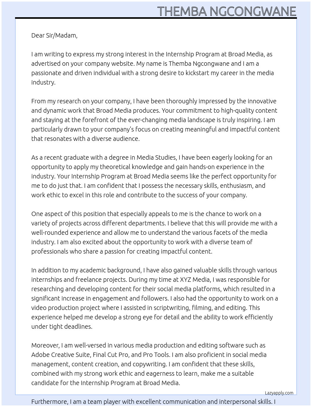 Internship Program At Broad Media Cover Letter