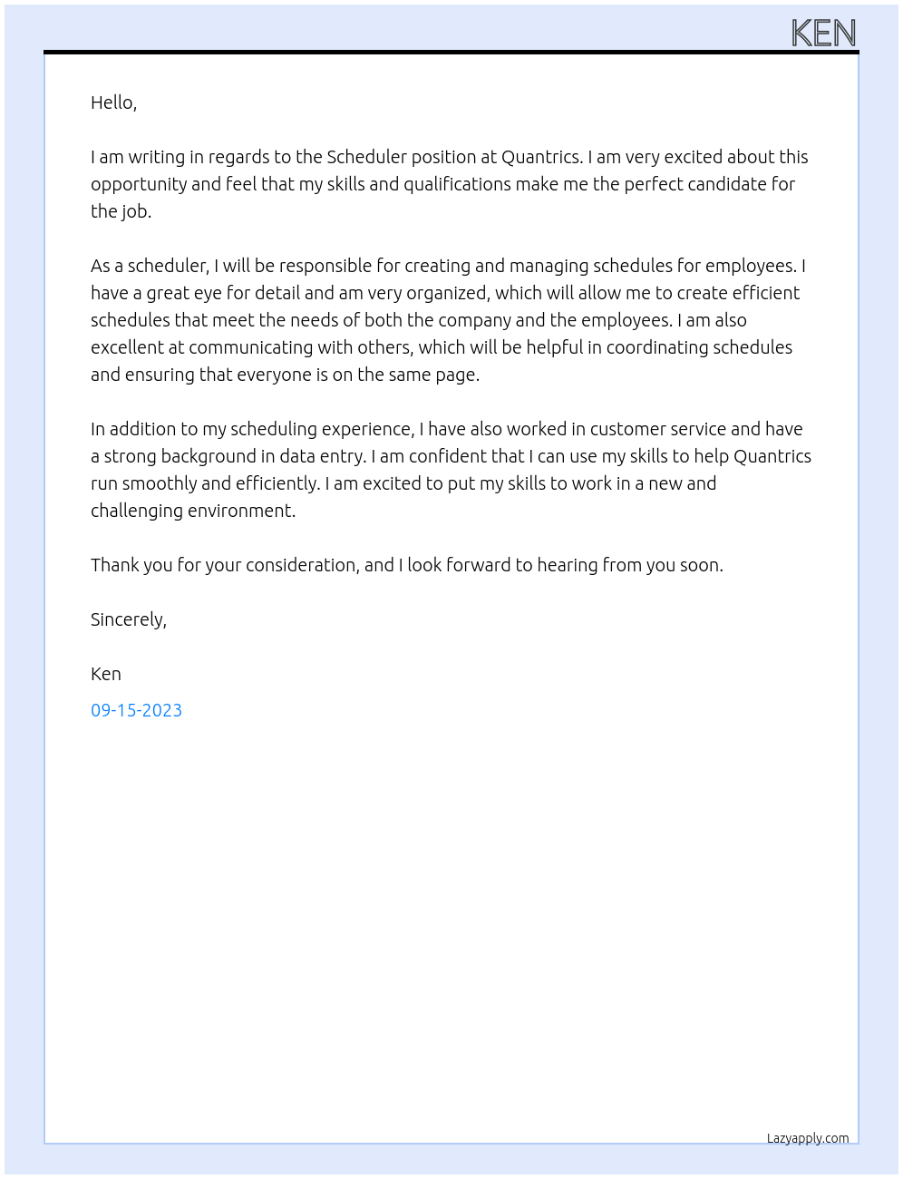 Scheduler At Quantrics Cover Letter