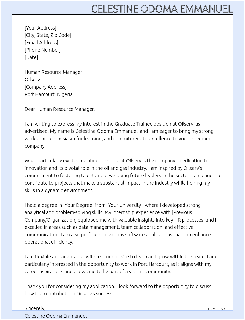 Graduate trainee At Oilserv Cover Letter