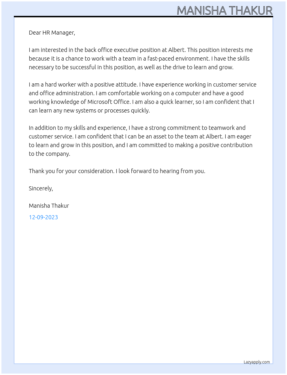 back office executive At albert Cover Letter