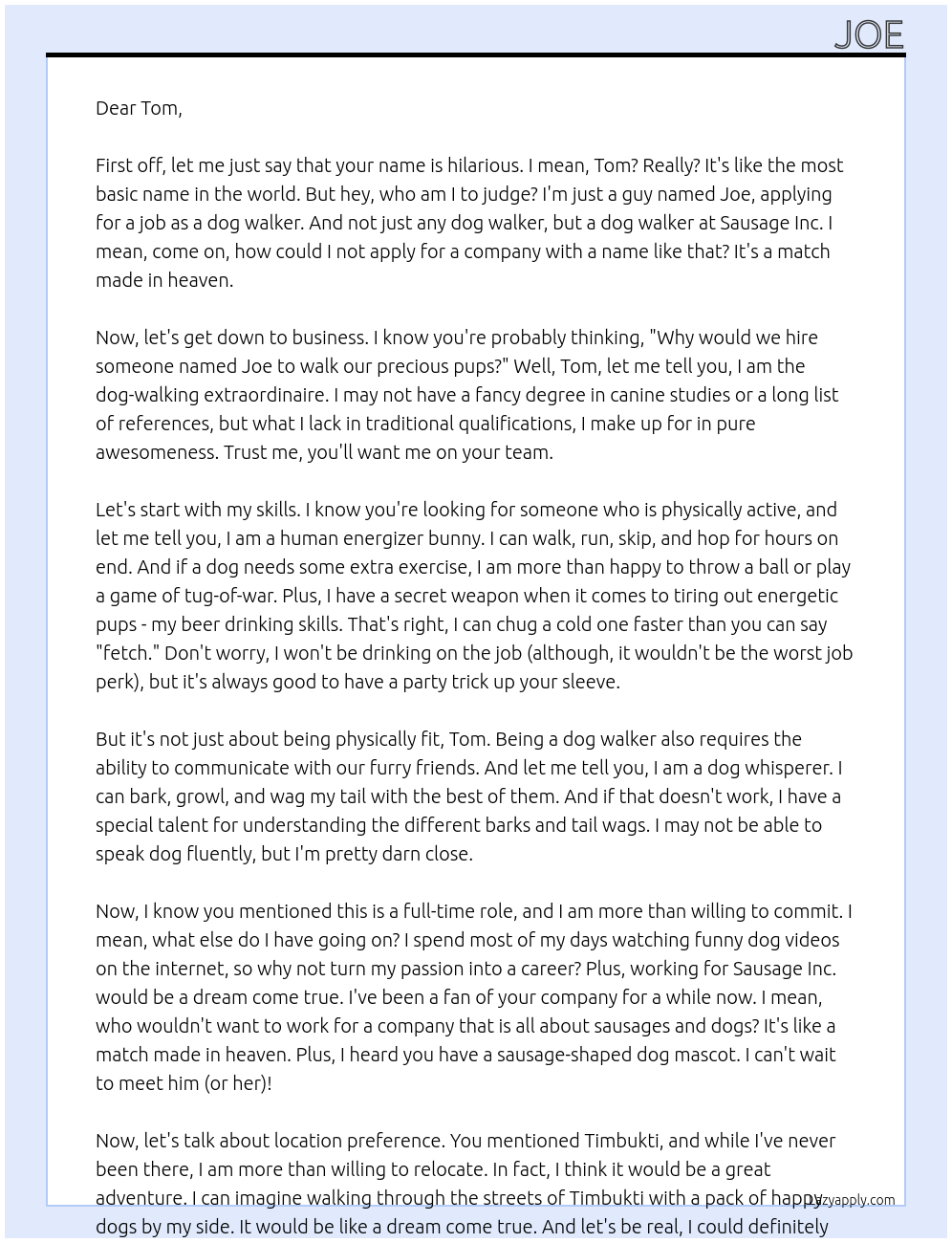 Dog Walker At Sausage Inc Cover Letter