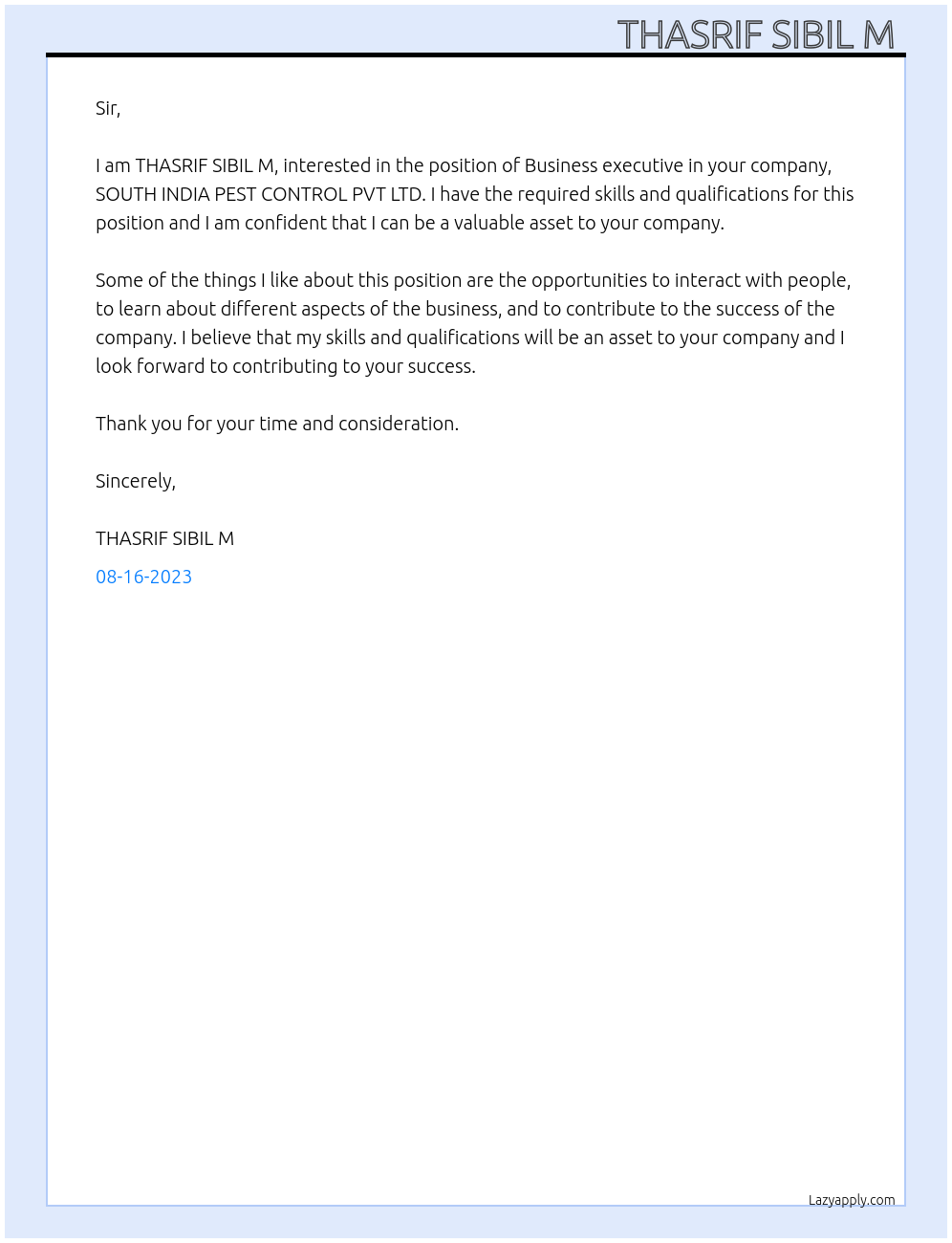 Business executive  At SOUTH INDIA PEST CONTROL PVT LTD  Cover Letter