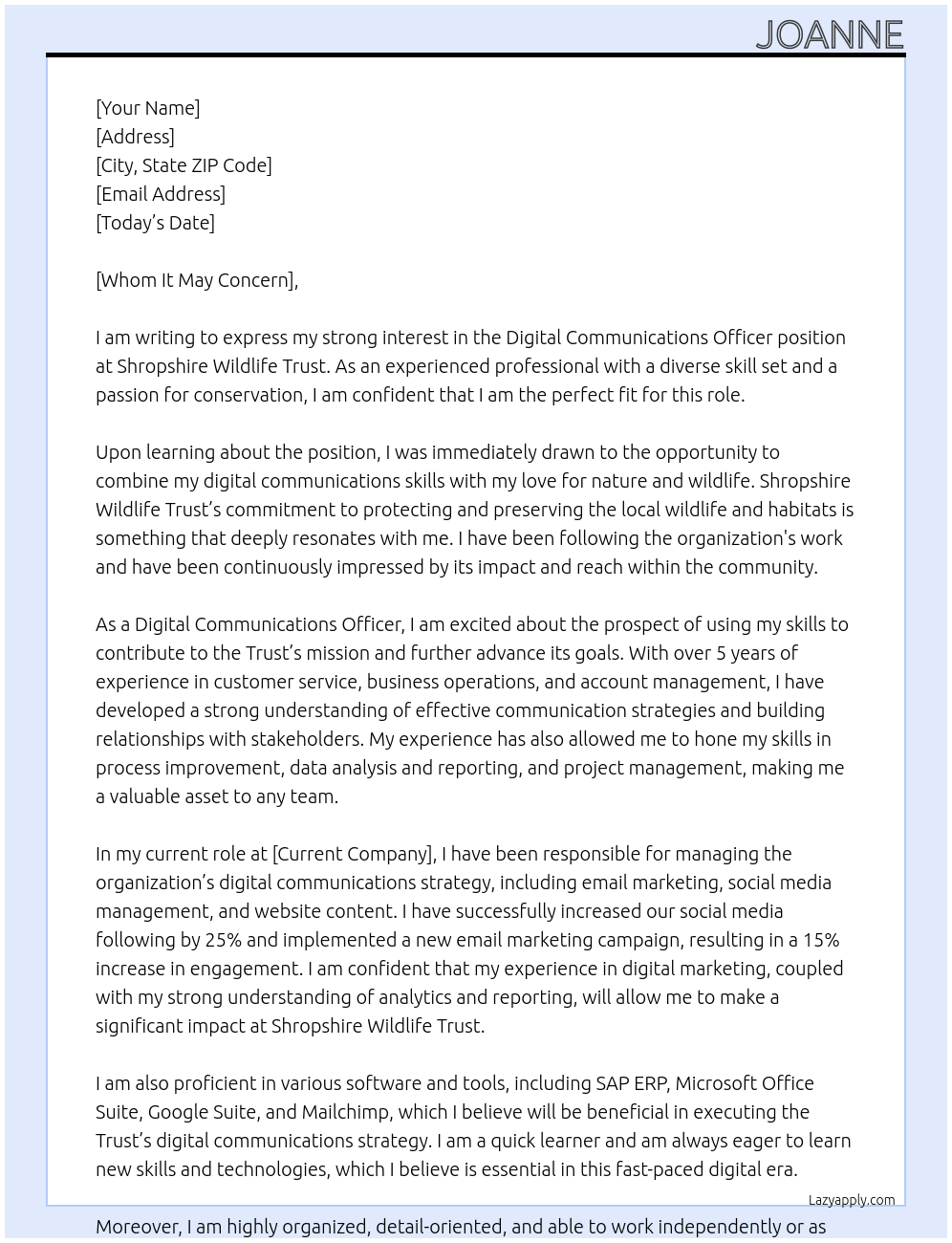 Digital Communications Officer At Shropshire Wildlife Trust Cover Letter