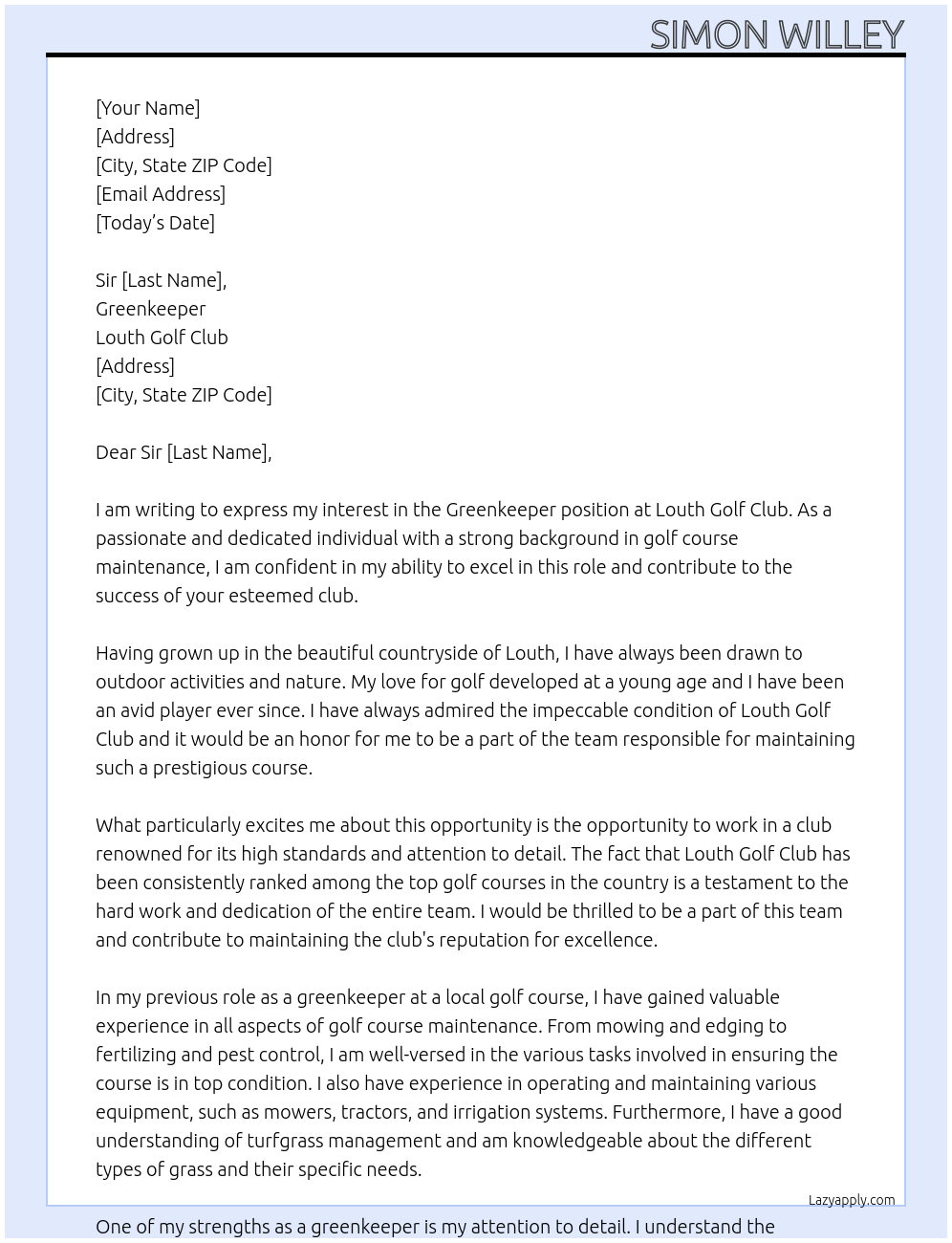 greenkeeper At Louth Golf Club Cover Letter
