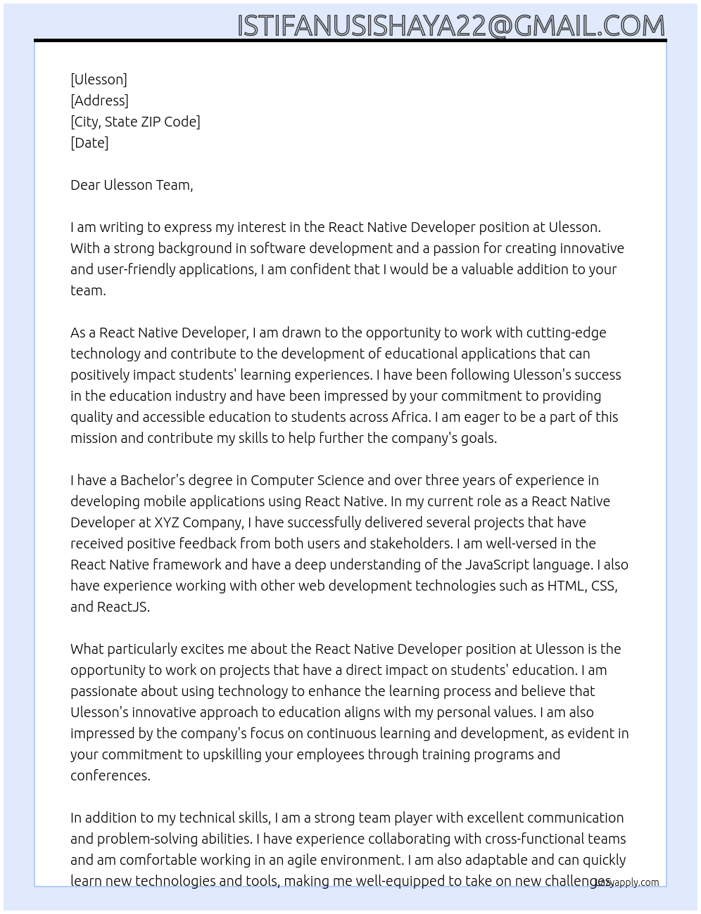 React native developer At Ulesson Cover Letter