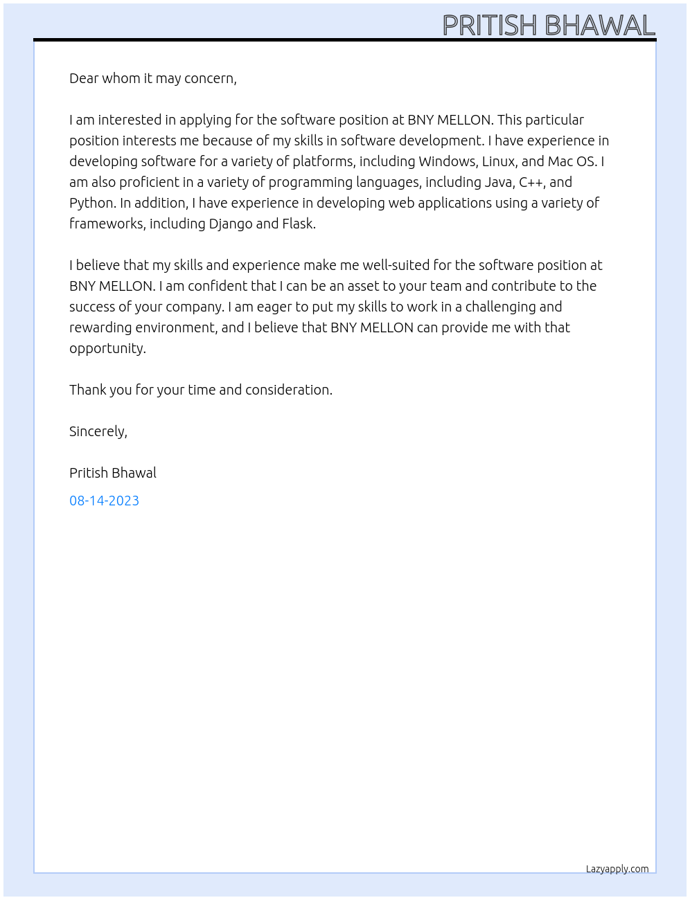 software At BNY MELLON Cover Letter