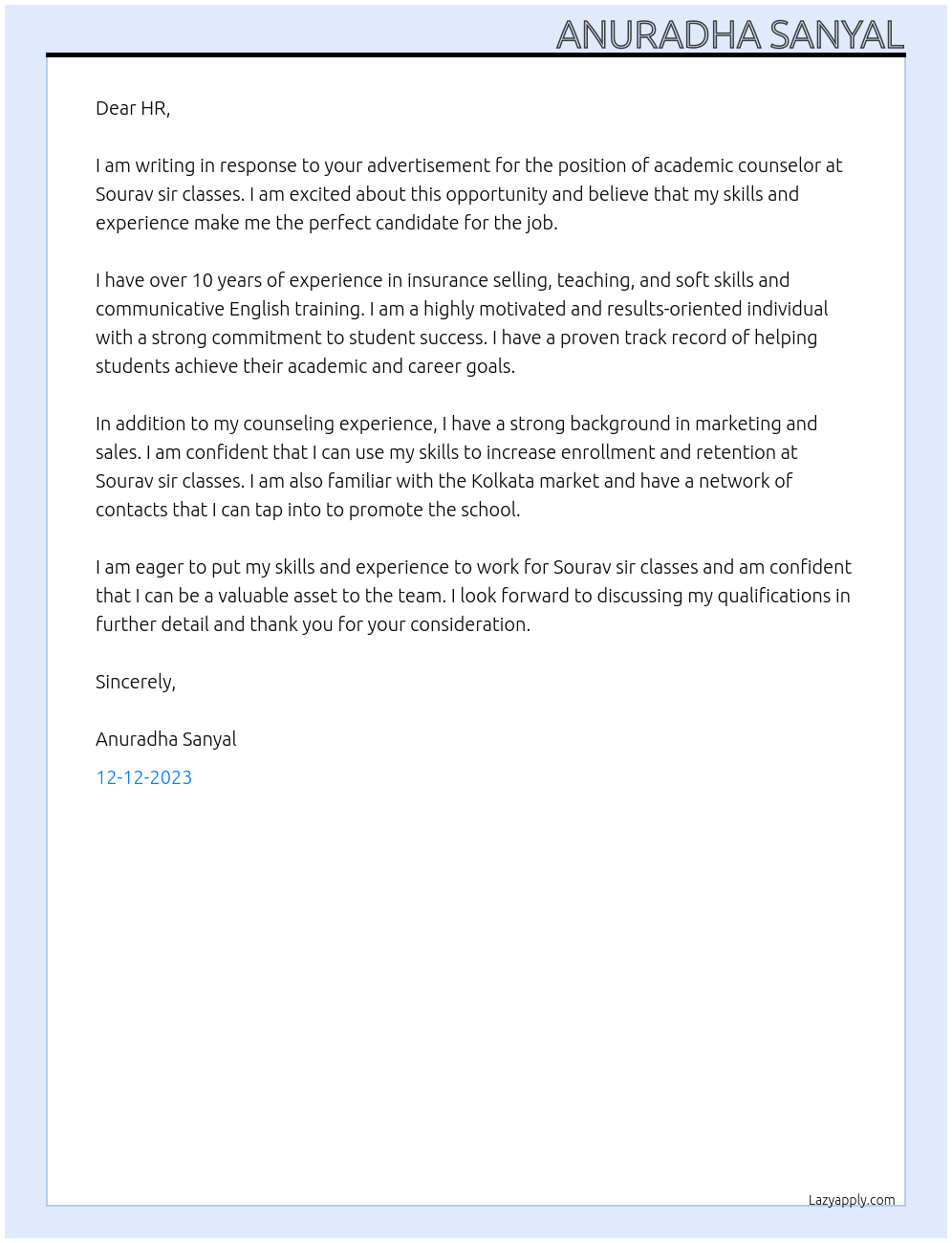 Academic counselor At Sourav sir classes Cover Letter