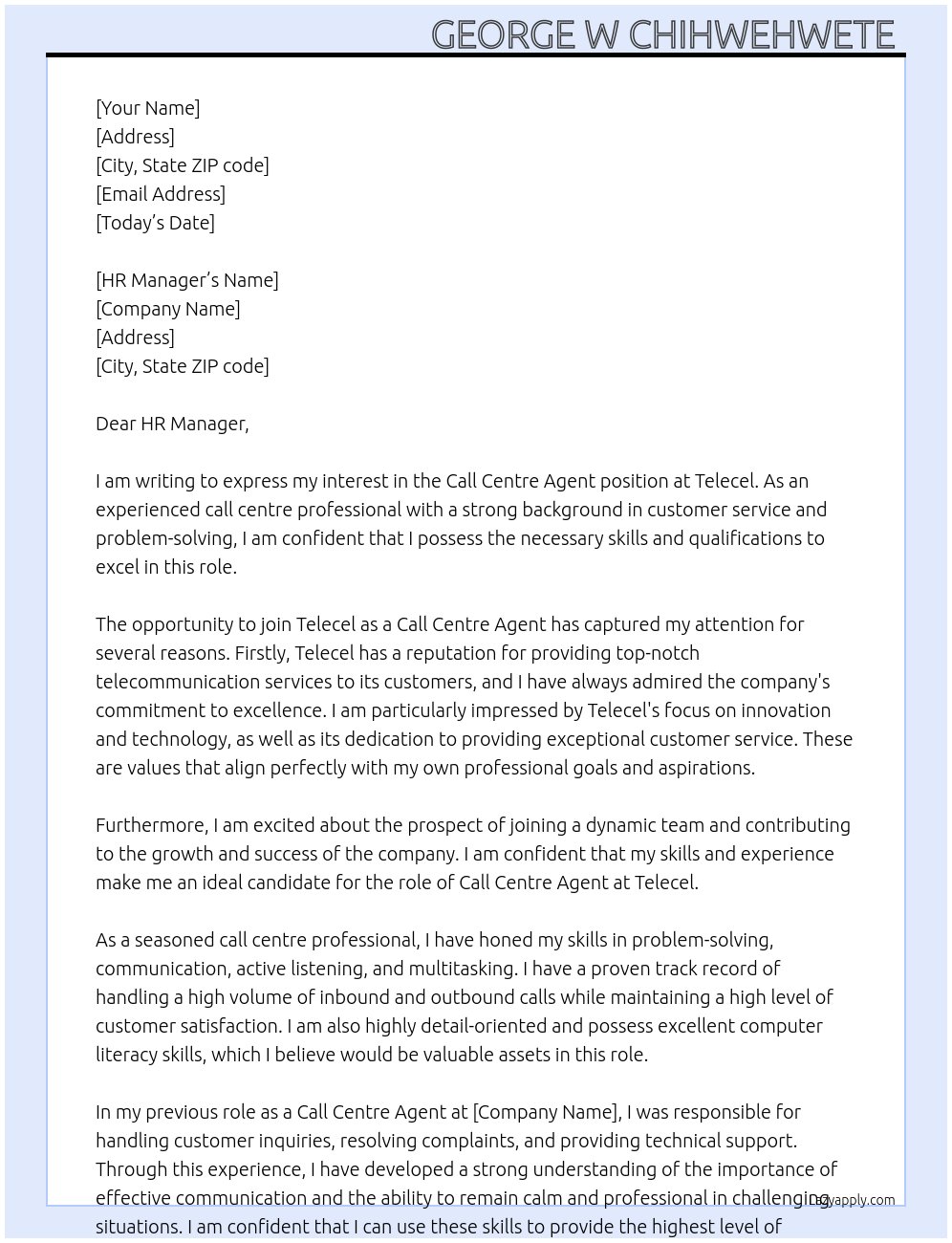 Call centre agent At Telecel Cover Letter