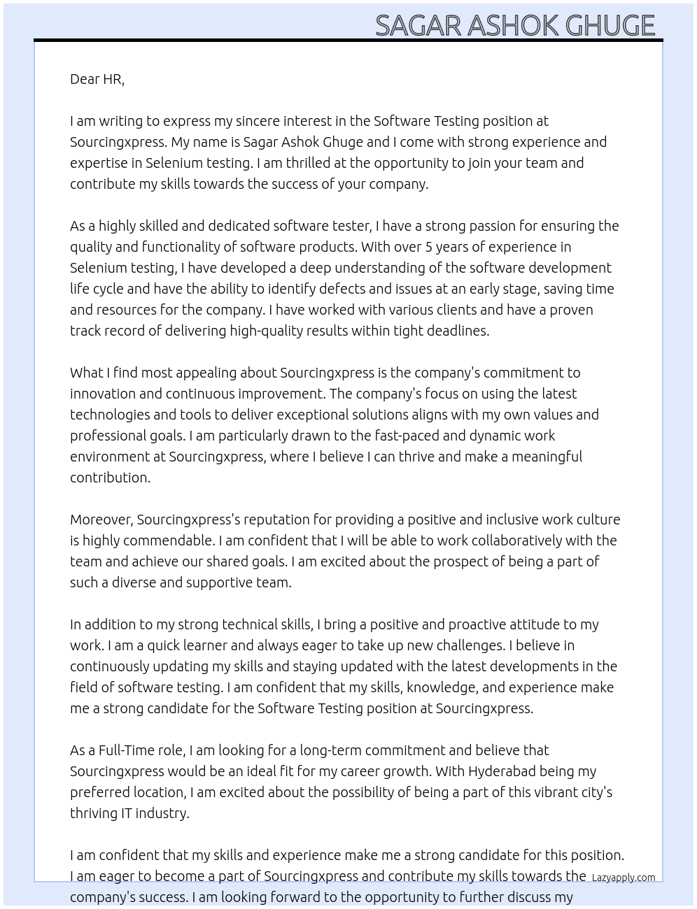 Software testing  At Sourcingxpress Cover Letter