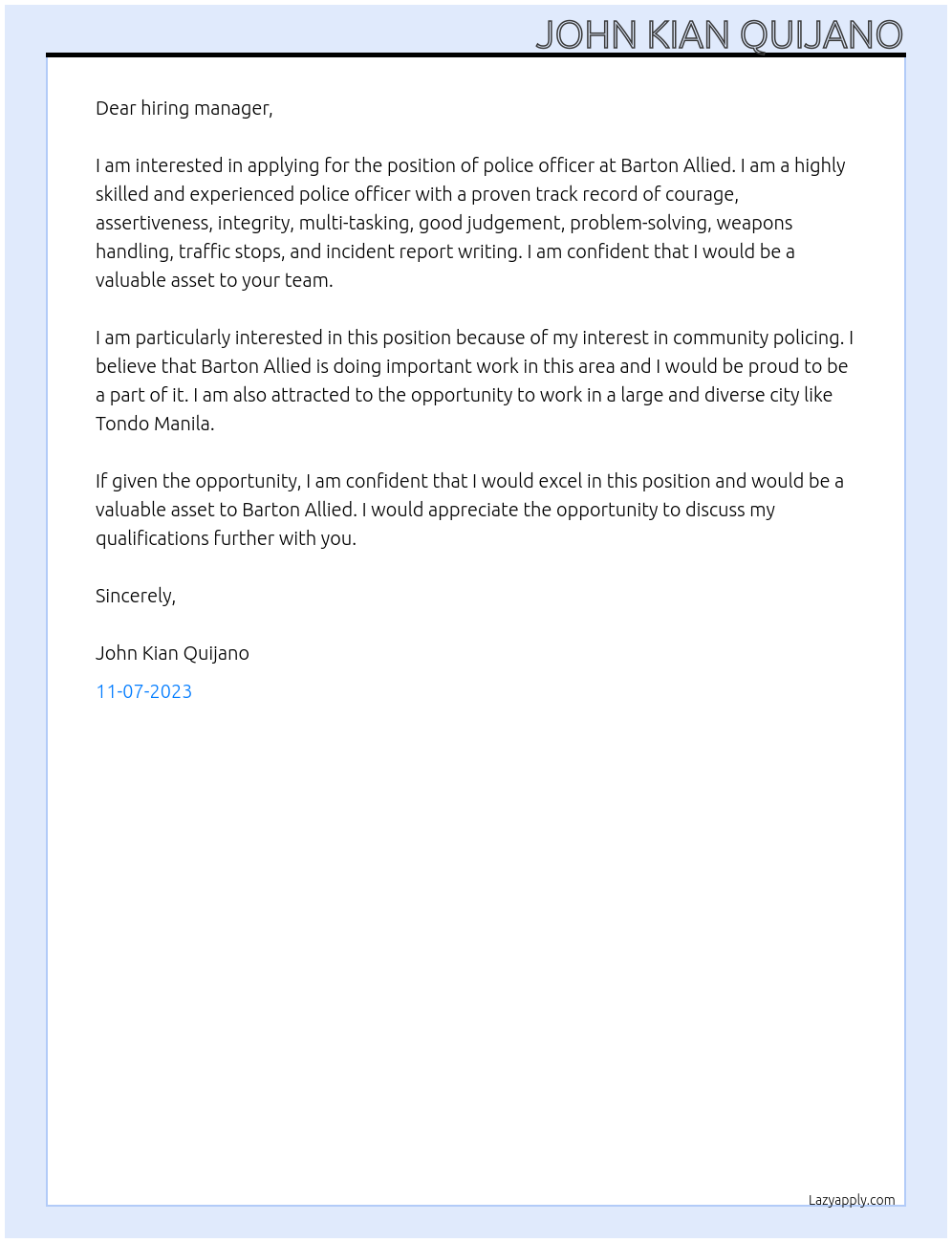 police officer At Barton Allied Cover Letter