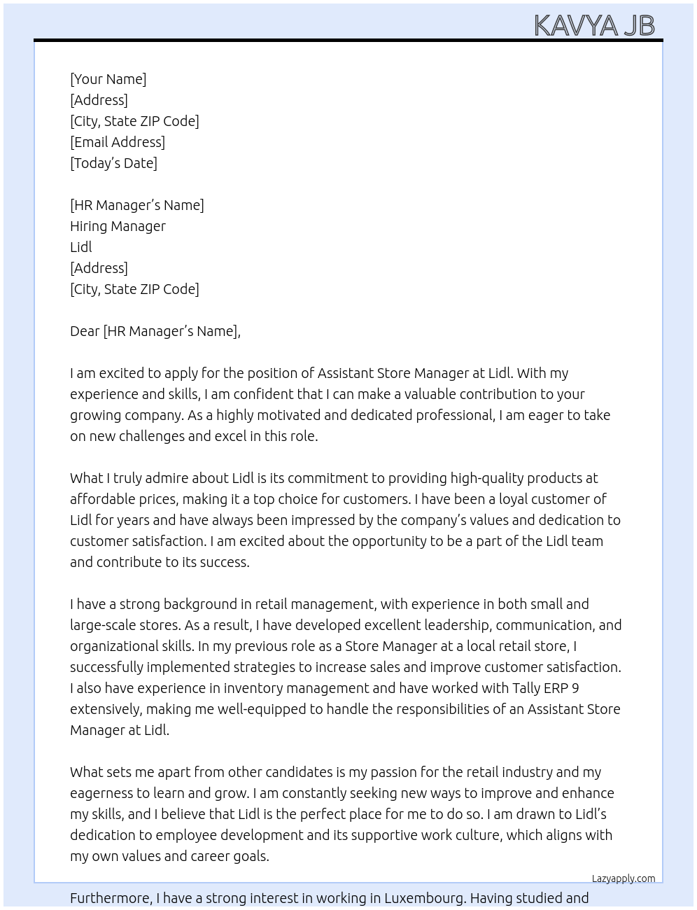Assistant Store manager At Lidl Cover Letter