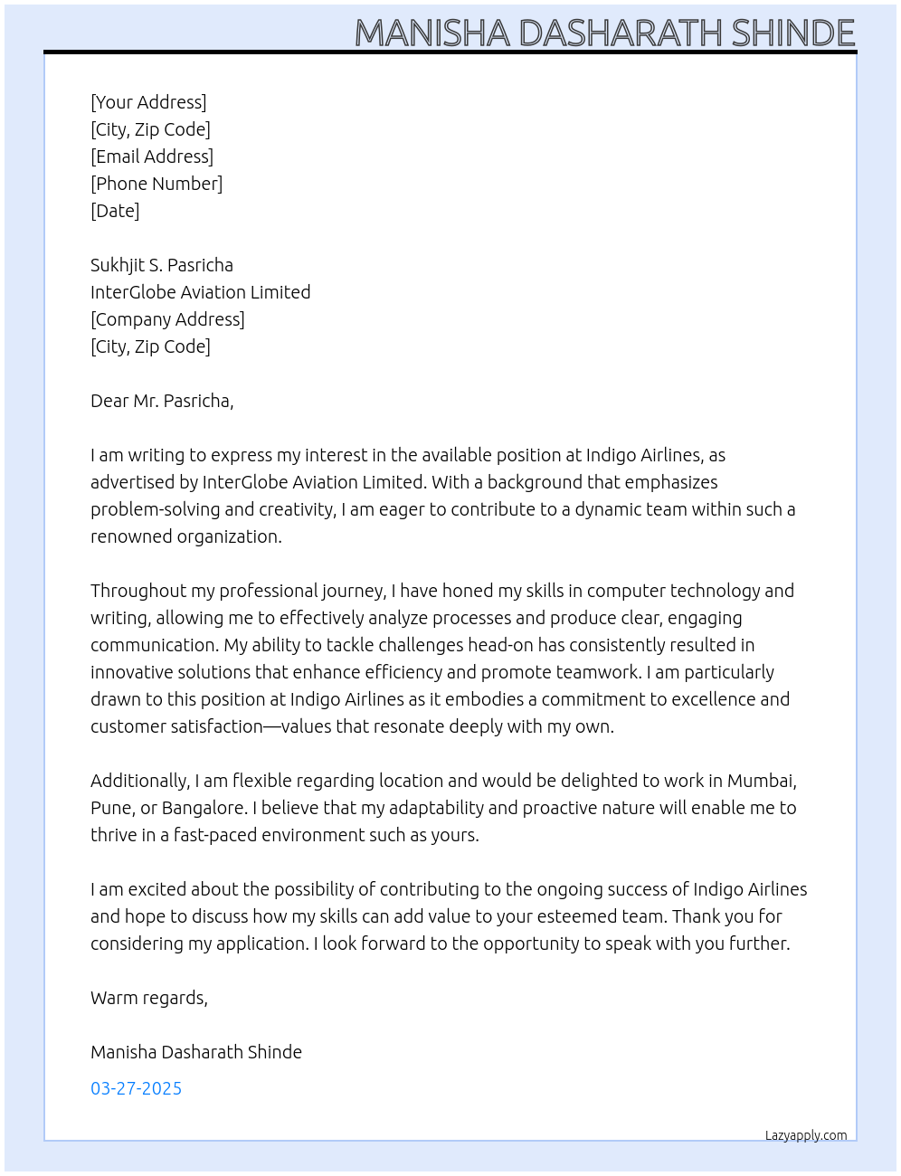 Indigo airlines At InterGlobe Aviation Limited Cover Letter