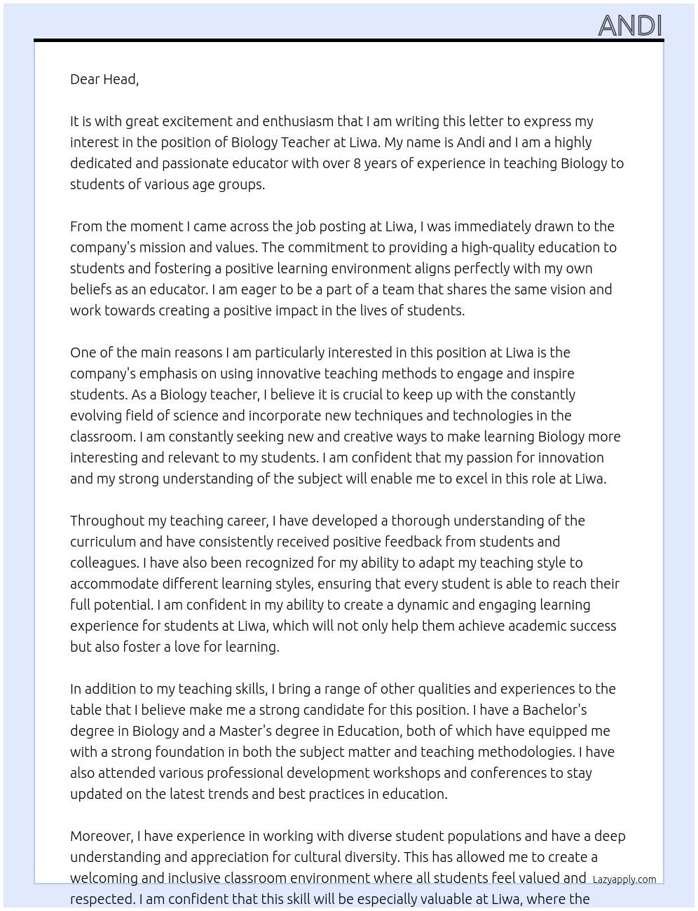 Biology teacher At Liwa Cover Letter