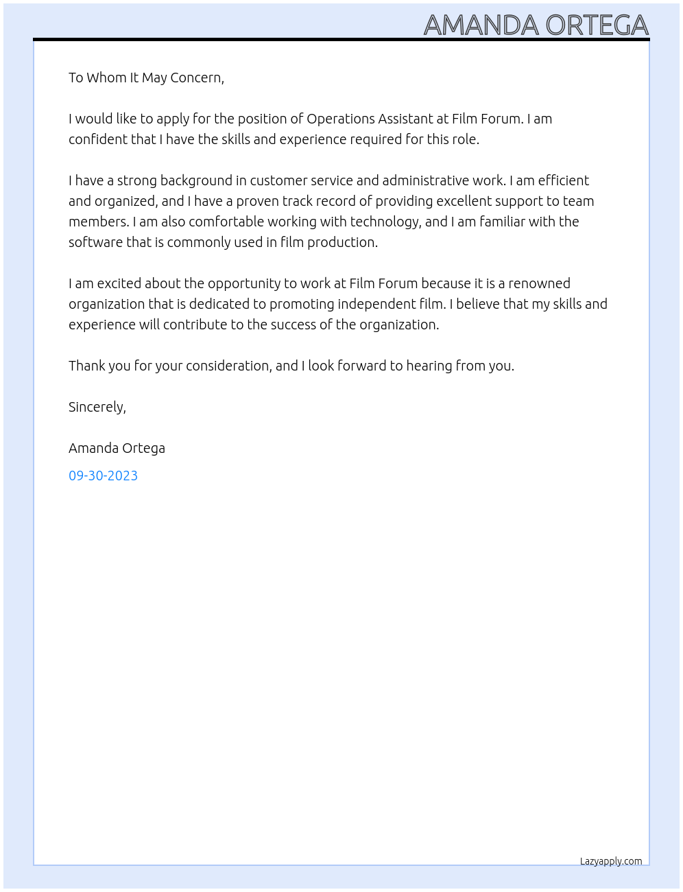 Operations Assistant At Film Forum Cover Letter