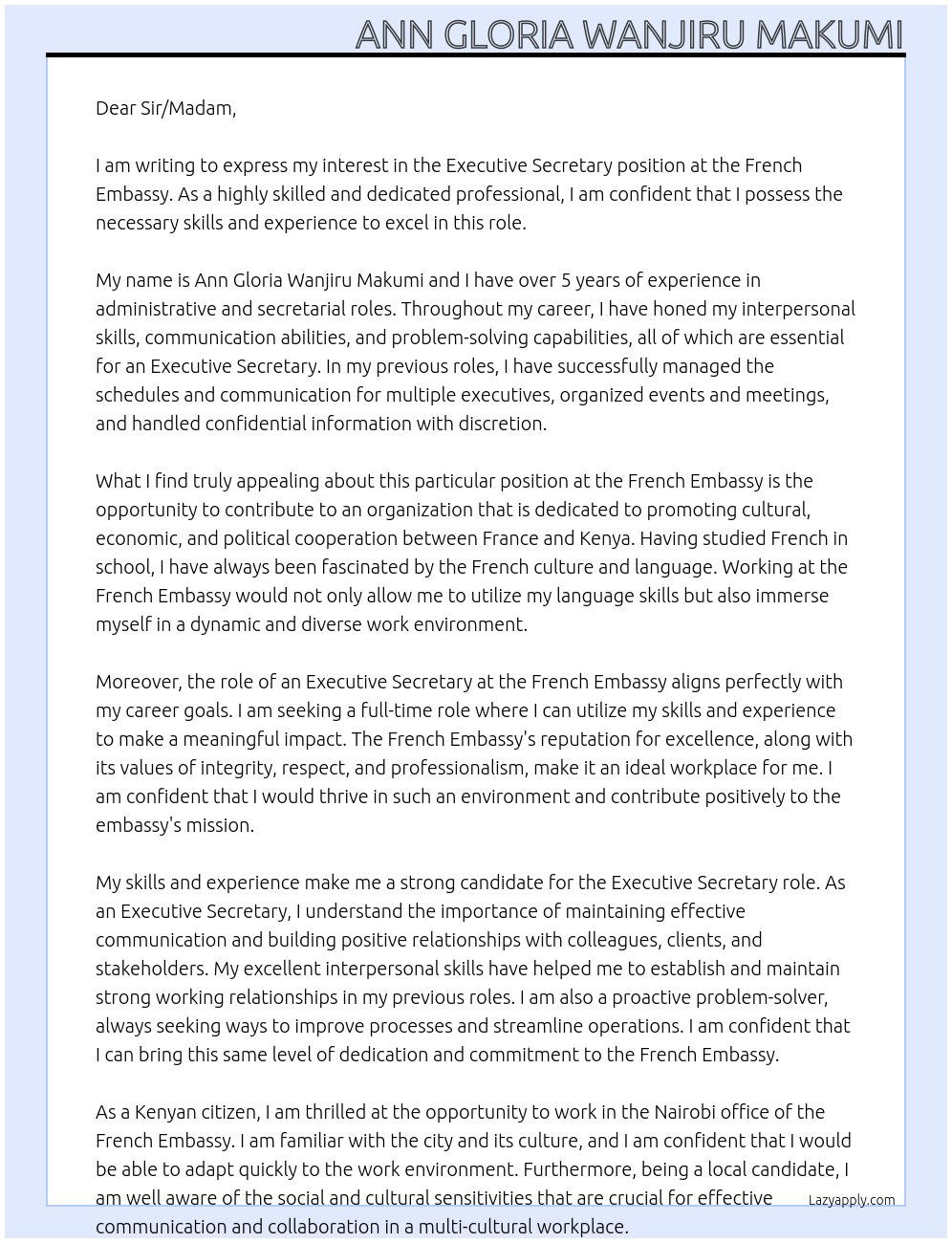 Executive Secretary  At French Embassy  Cover Letter