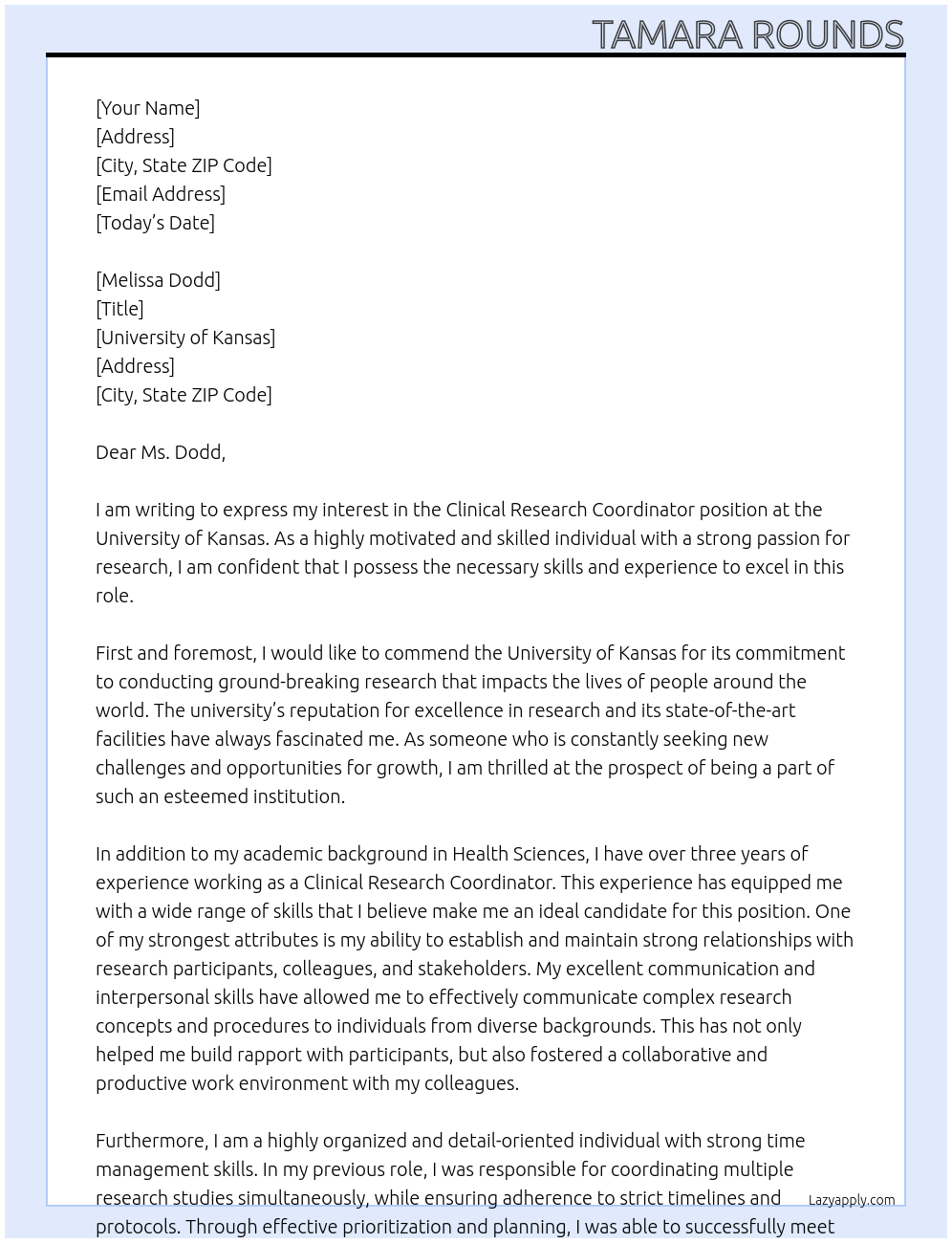 Clinical research coordinator At University of Kansas Cover Letter