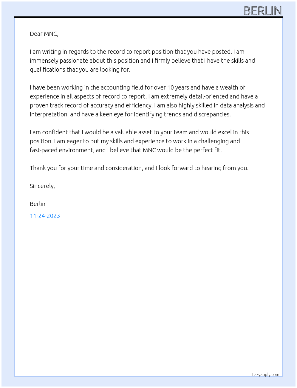 record to report At MNC Cover Letter