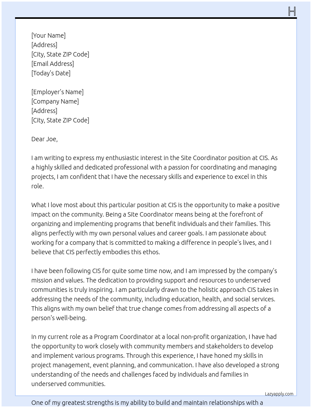 Site Coordinator At CIS Cover Letter