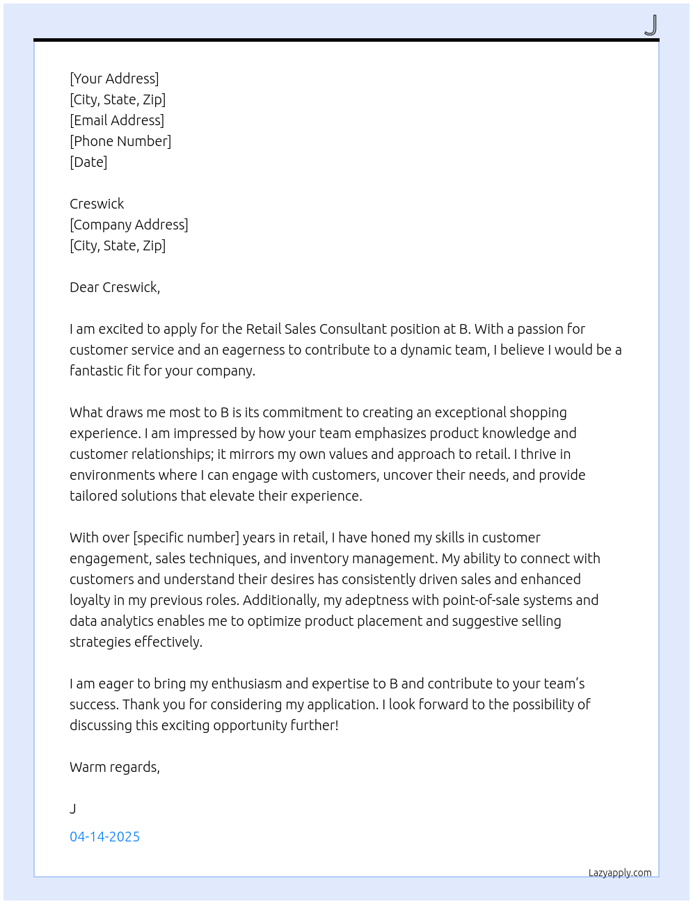 Retail Sales Consultant At b Cover Letter