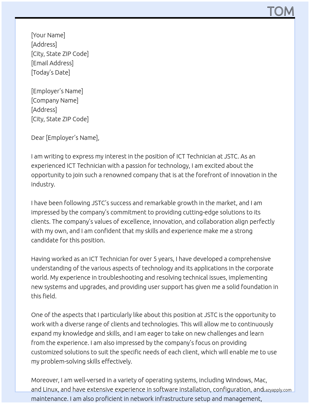 ICT Technician At JSTC Cover Letter