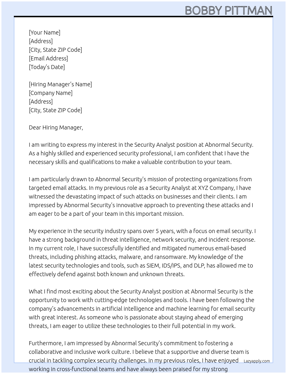 Security Analyst At Abnormal Security Cover Letter
