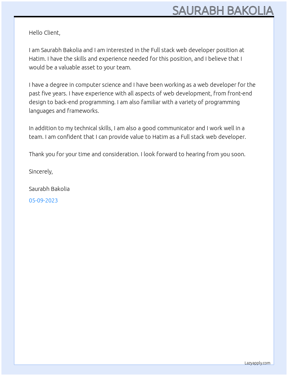 Full stack web developer At Hatim Cover Letter