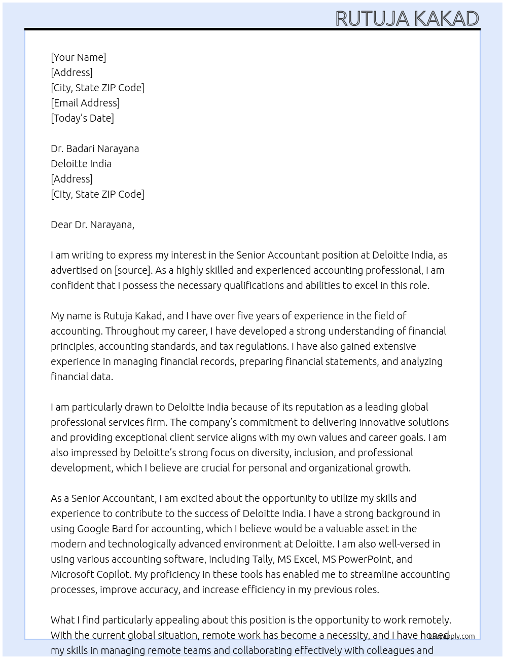 Senior Accountant At Deloitte India Cover Letter