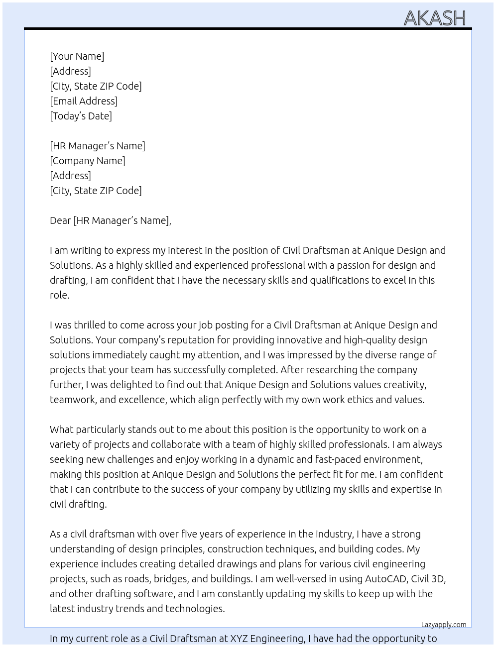 Civil draftsman  At Anique design and solutions  Cover Letter