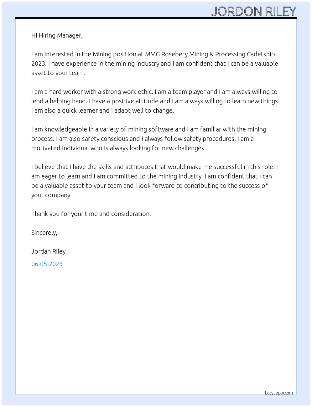 Mining At MMG Rosebery Mining & Processing Cadetship 2023. Cover Letter