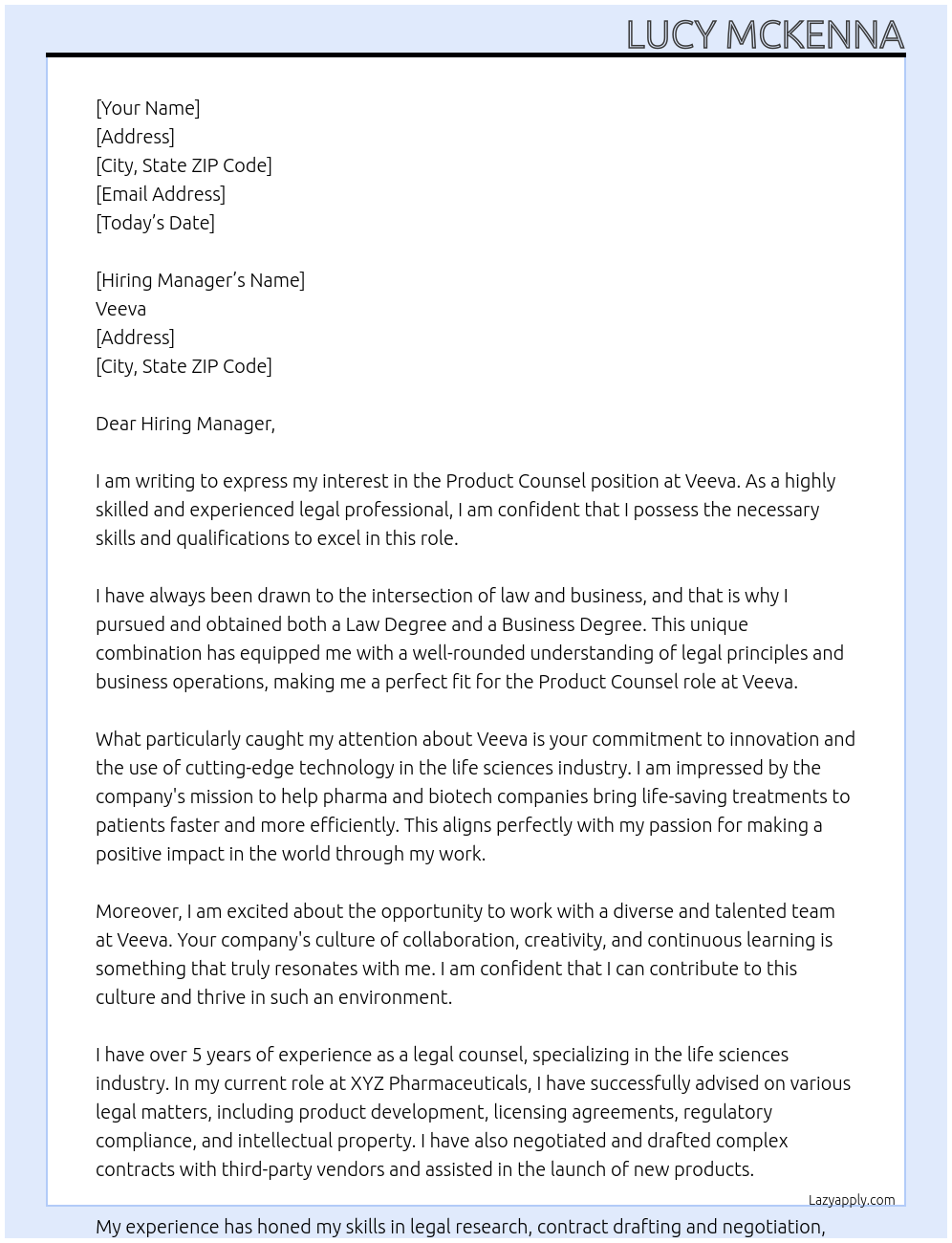 Product Counsel At Veeva Cover Letter