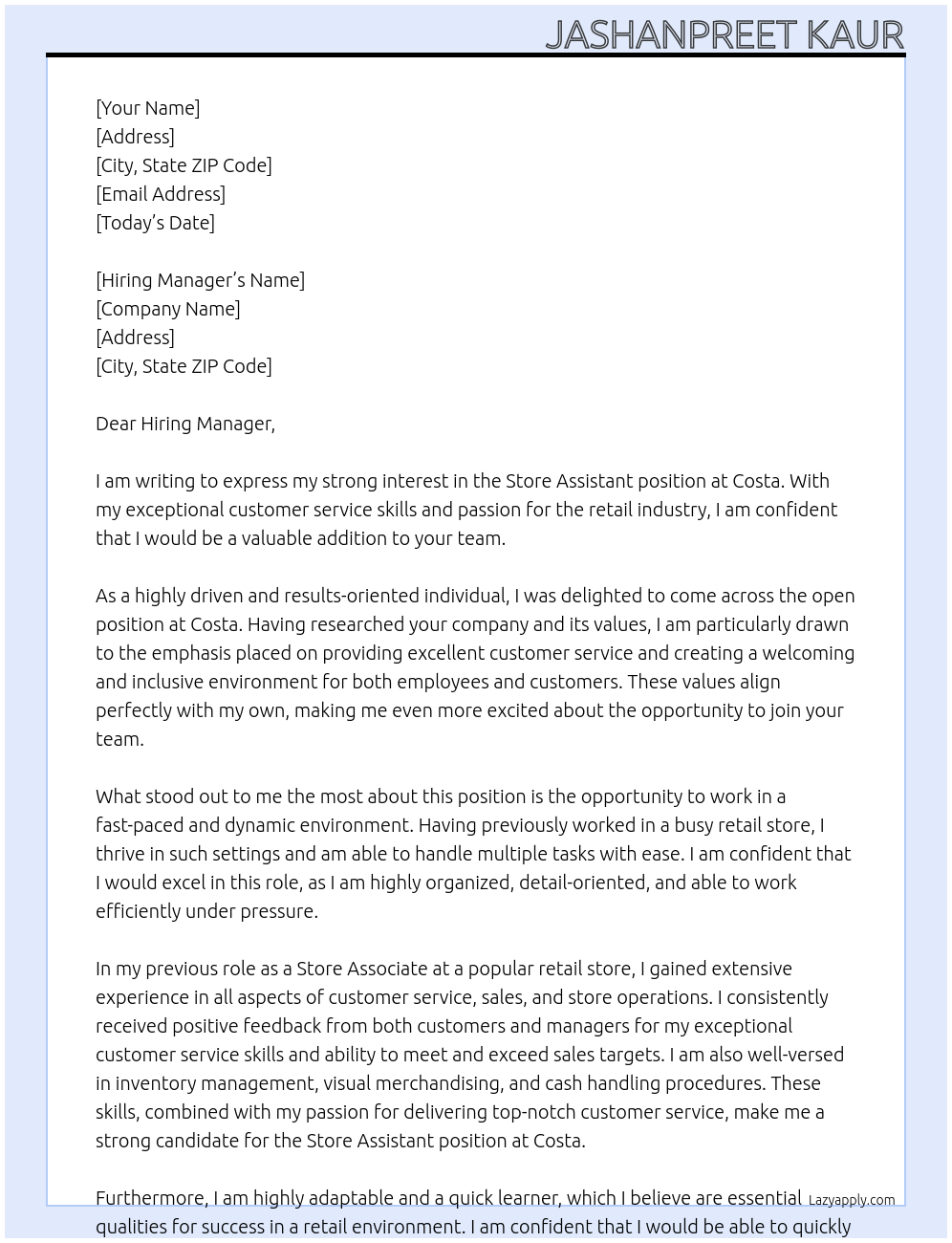 store assistant At Costa Cover Letter