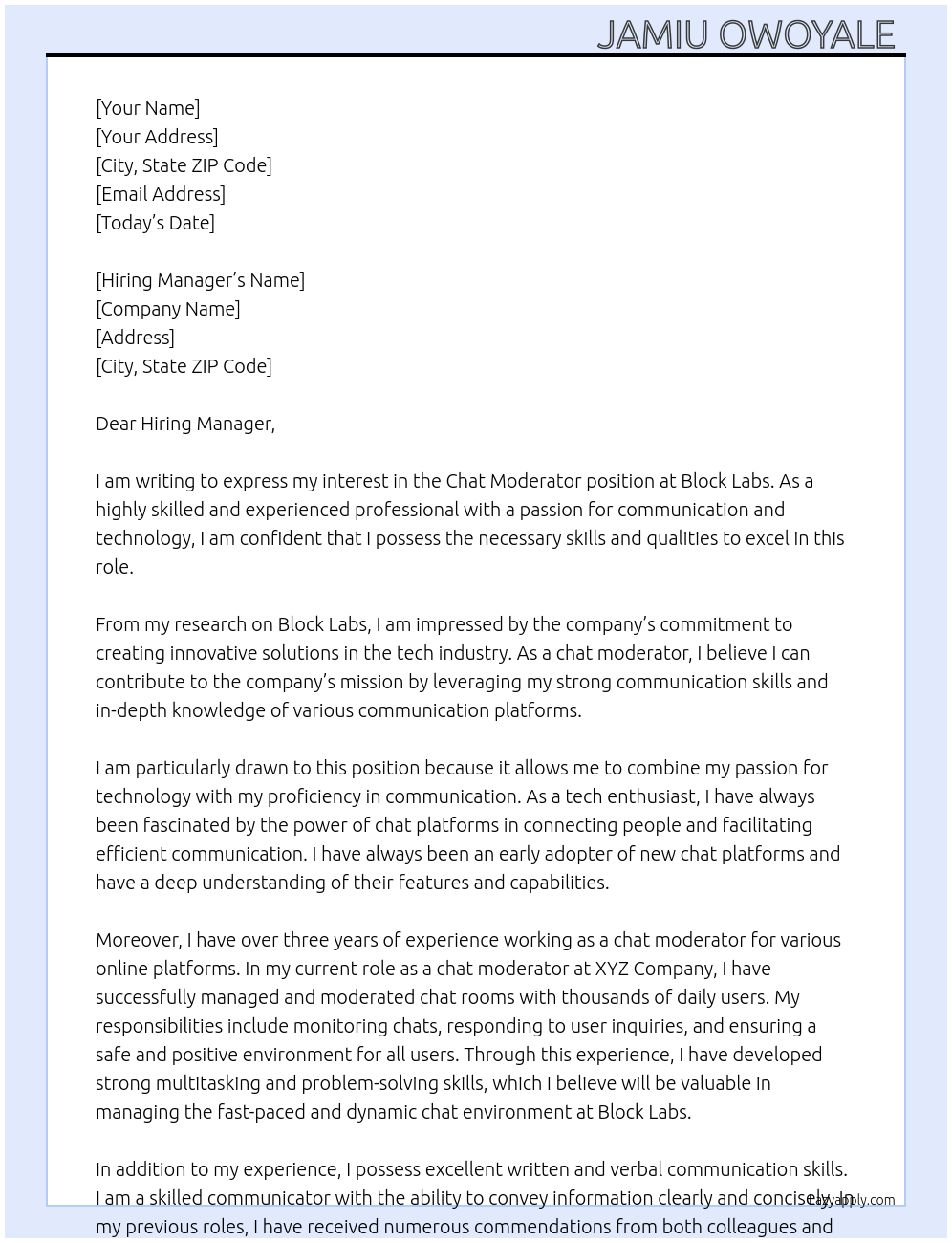 Chat moderator At Block Labs Cover Letter