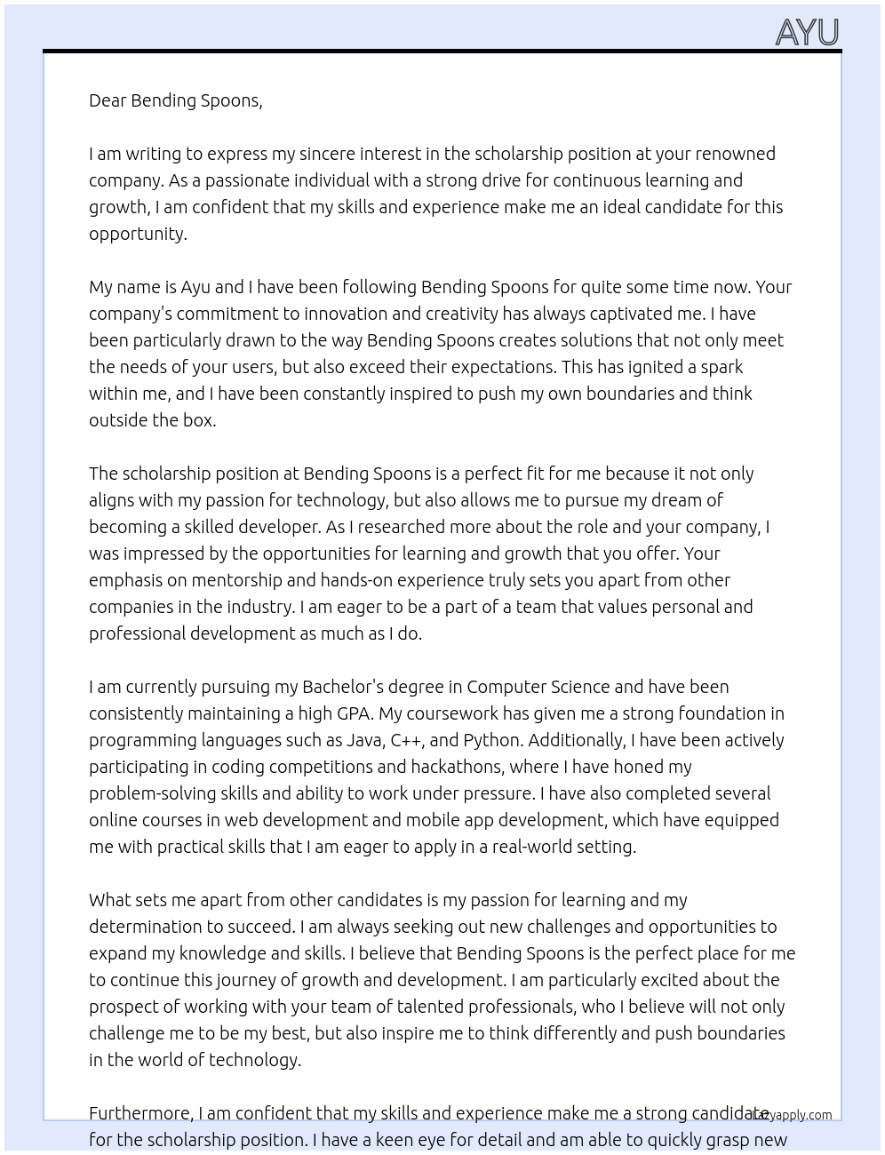 scholarship At Bending sppons Cover Letter