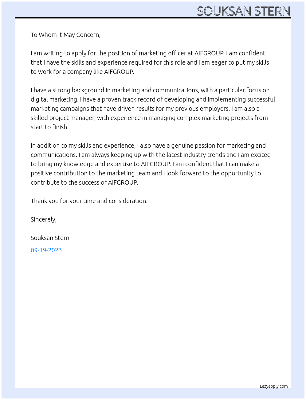 marketing officer At AIFGROUP Cover Letter