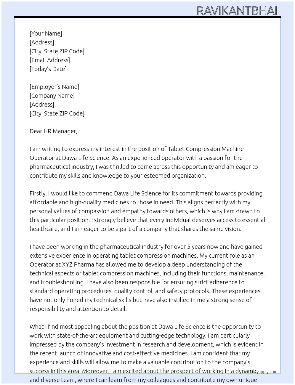 Cover letter for tablet compression machine operator - LazyApply