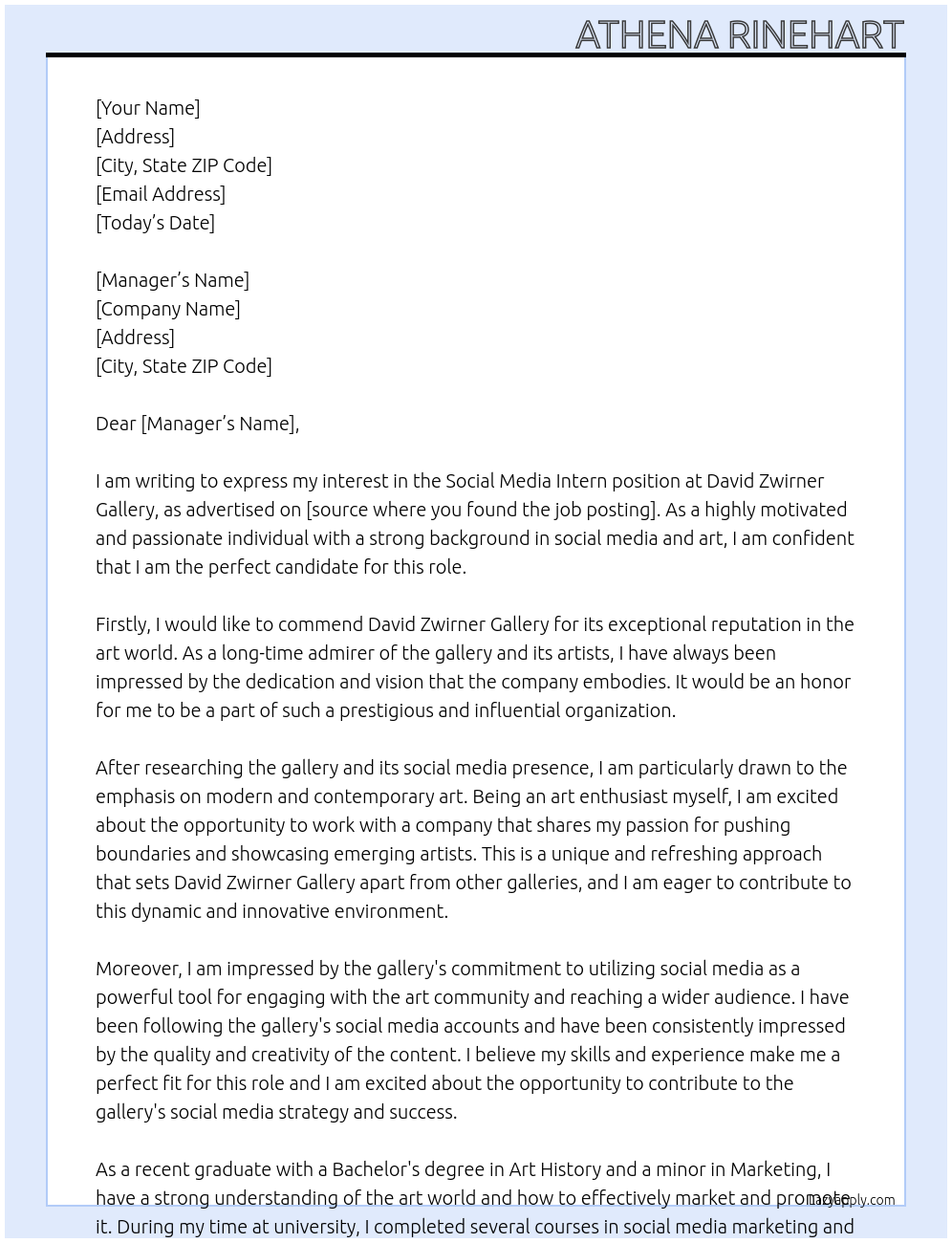 Social Media Intern At David Zwirner Gallery Cover Letter
