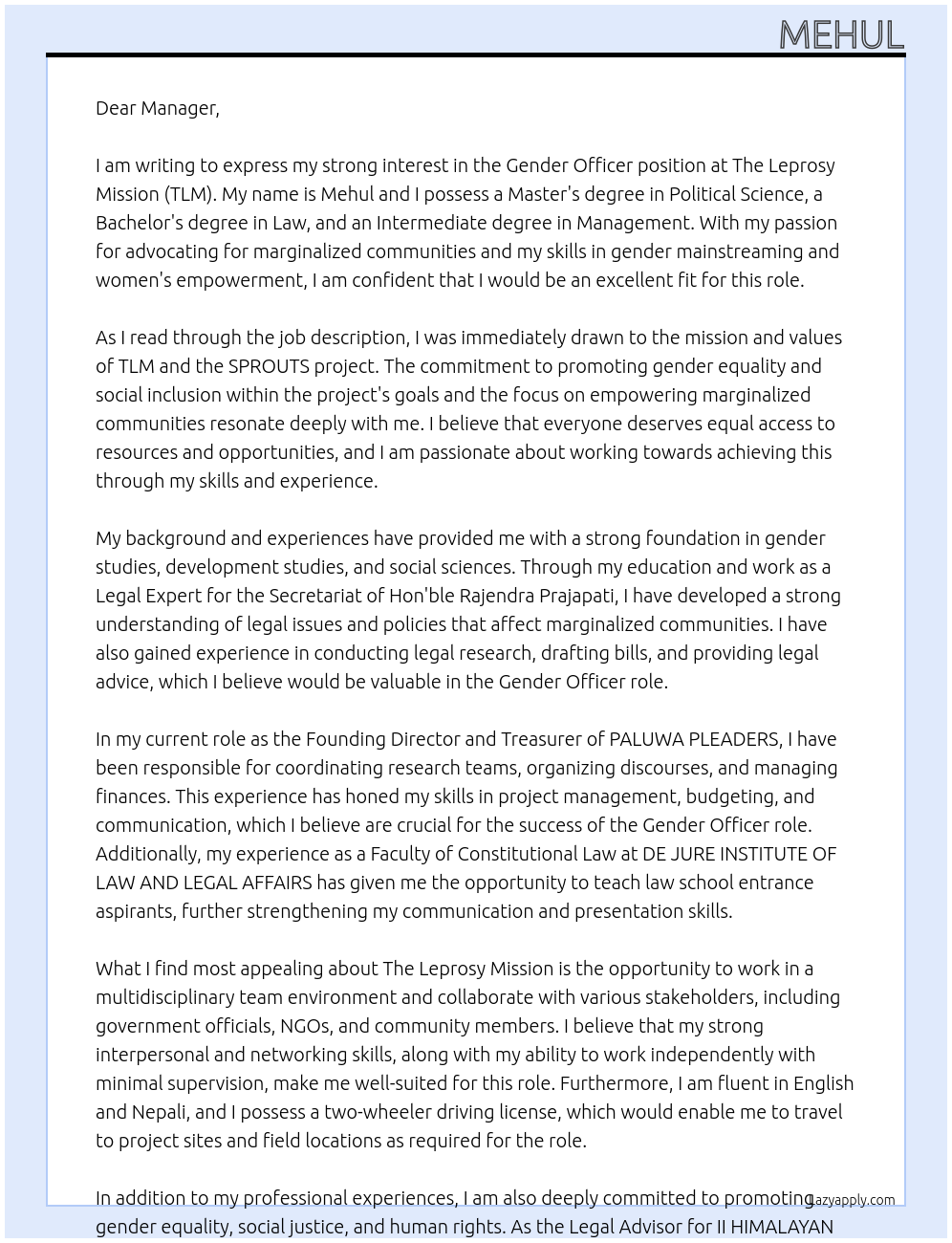 Gender Officer At The Leprosy Mission (TLM) Cover Letter