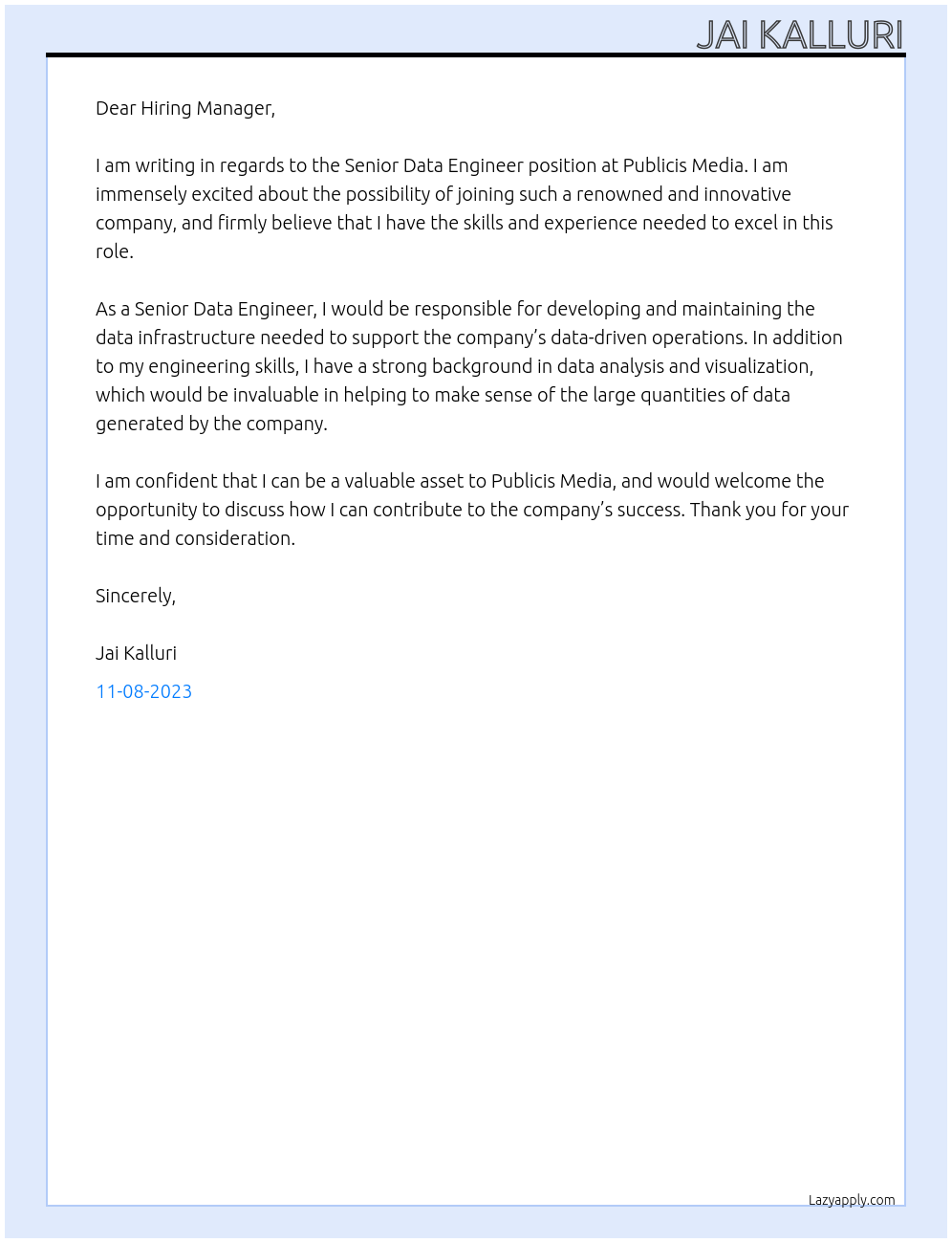 Senior Data Engineer At Publicis Media Cover Letter